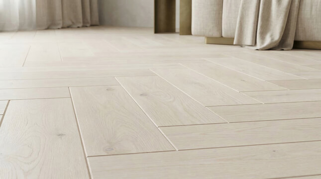 White Oak Herringbone Parquet Wood Floor Close Up Detail with Natural Light in Modern Interior