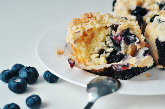 Closeup of homemade blueberry muffins on a table at home