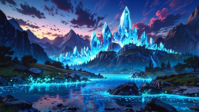 A breathtaking landscape scene featuring stunning blue crystal formations against a dramatic sunset sky, reflected in a tranquil lake surrounded by majestic mountains.