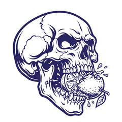 Obraz premium A dark blue line of a human skull biting into a whole citrus fruit with a leaf, t-shirt poster isolated on a white background, featuring juice splashes and detailed skeletal anatomy for