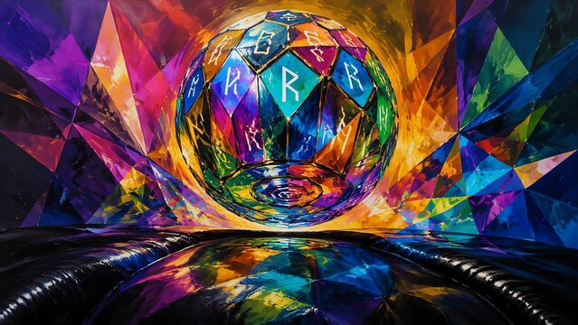 Vibrant Abstract Geometric Sphere with Runic Symbols for Fantasy Background