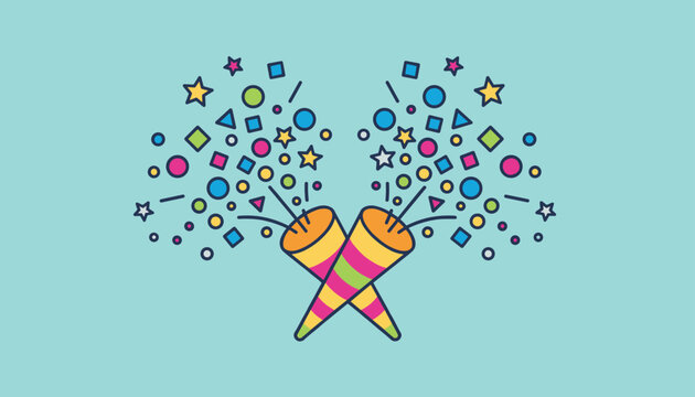 Crossed festive party poppers exploding with colorful stars and geometric confetti on a light blue background.