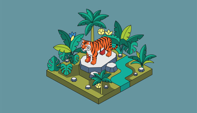 Wild orange tiger standing on a stone pedestal in its natural tropical jungle habitat with palm trees and a stream.