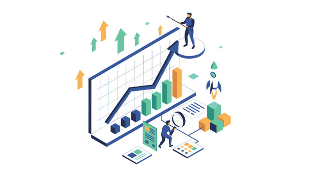 Business growth and data analysis illustration featuring an upward chart, magnifying glass, and a launching rocket.