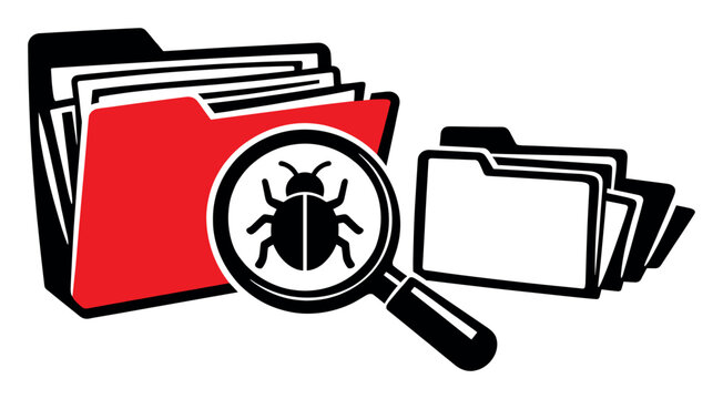 Magnifying glass scanning a red folder for bugs and viruses, symbolizing data security, cybercrime, and digital threat protection