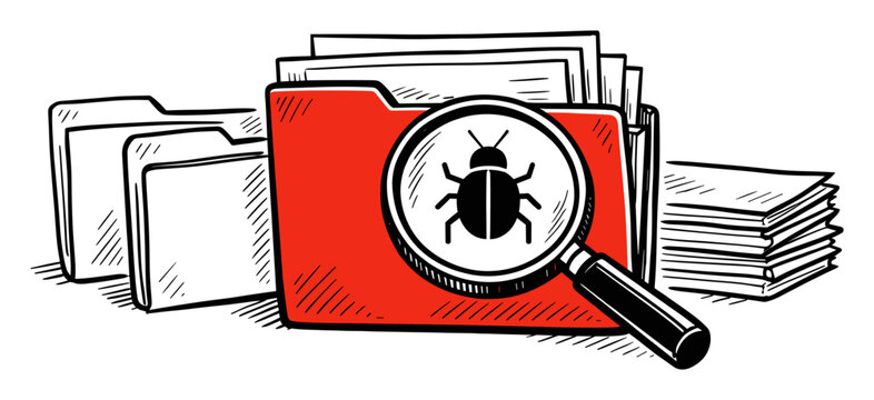 Scanning files for malware, spotting computer bugs, and safeguarding data with a red folder and magnifying glass