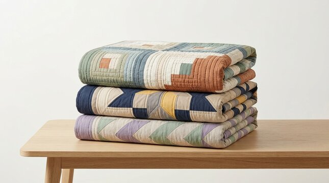 A tidy stack of three cozy quilted blankets, each with unique geometric patterns and warm, inviting colors, folded on a wooden table, perfect for home decor