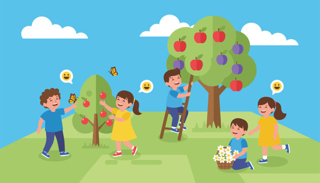 Happy children harvesting red apples and purple plums from trees in a sunny garden during autumn season.