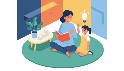 Obraz premium Caring mother reading a storybook to her young daughter who gets a creative idea represented by a glowing light bulb.