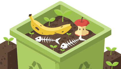 Fototapeta premium Green compost bin filled with organic waste like a banana peel, apple core, and fish bones to create fertile soil.
