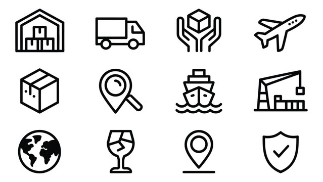 logistics and transportation line icon set featuring warehouse delivery truck package airplane cargo ship location globe and security symbols vector collection