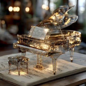 Crystal glass grand piano sculpture with musical notes and warm lighting on map