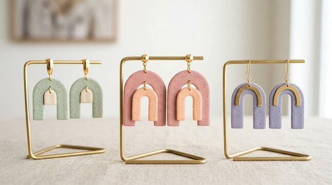 Three pairs of colorful earrings on gold stands on a table indoors.