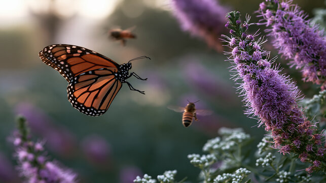 Butterfly on purple flower in garden with bee and soft light, pollinator habitat scene