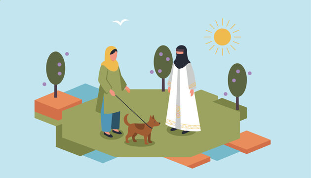 Two Muslim women wearing hijab walking a dog on a leash in a sunny park with green trees, flat vector design.
