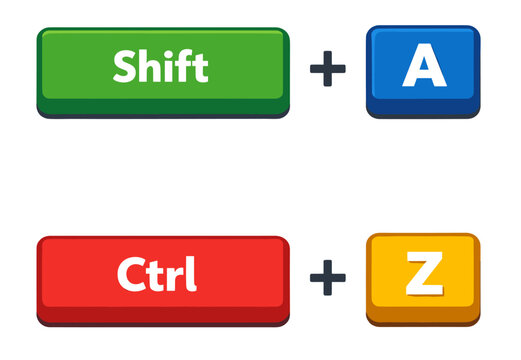 Icons illustrating common computer keyboard shortcuts, with green Shift and blue A, and red Ctrl with yellow Z for undo