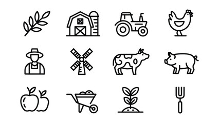 farm agriculture line icon set featuring barn tractor chicken farmer windmill cow pig apple wheelbarrow seedling and pitchfork vector collection isolated © VectorCraze
