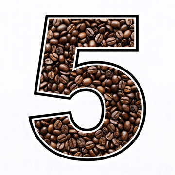 Large number five filled with dark roasted coffee beans on a clean and bright background