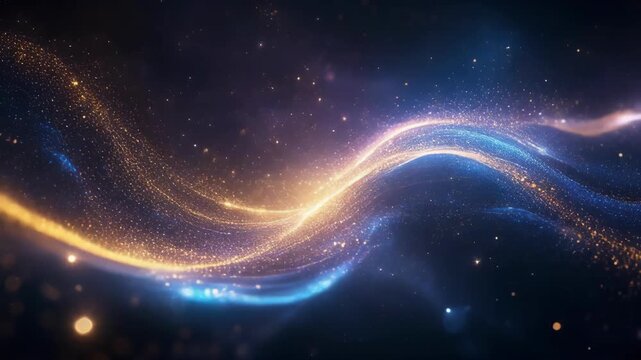 Abstract glowing wave of light particles against a dark cosmic background