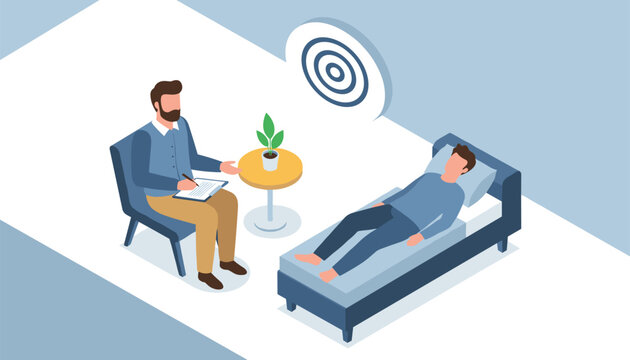 Psychotherapist taking notes during a consultation with a male patient lying on a couch under a goal-oriented target icon.