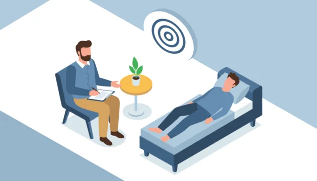 Psychotherapist taking notes during a consultation with a male patient lying on a couch under a goal-oriented target icon.