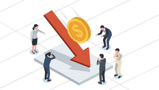 Shocked business investors watching a giant golden dollar coin sliding down a steep red arrow, representing financial crash.