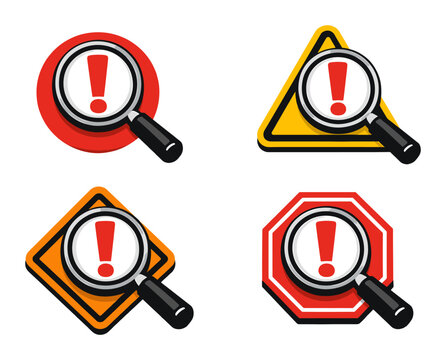 Magnifying glass highlighting alert, hazard, error and stop symbols, detecting issues