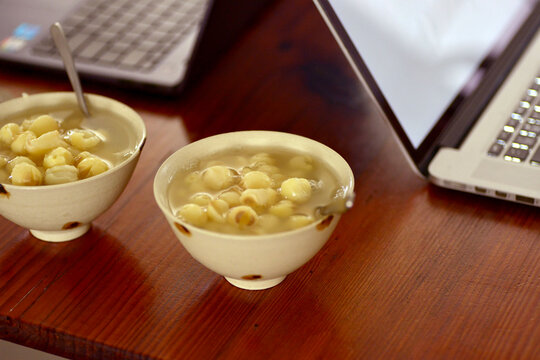 Closeup shot of the homemade lotus seed dessert soup resting on table