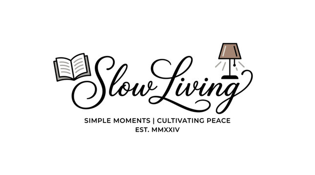 Slow Living Calligraphy Logo Design with Book and Lamp Icons.