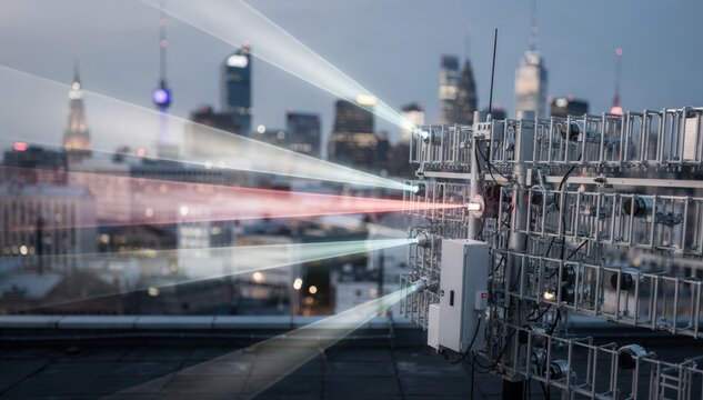 Sharp view of a phased antenna array emitting targeted beams with a blurred metropolitan backdrop emphasizing electronically controlled radiation shaping for better signal reach.