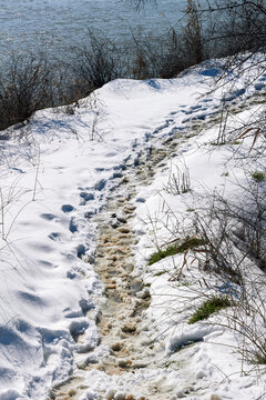 Melting snow path with footprints leading along riverbank in early spring sunlight
