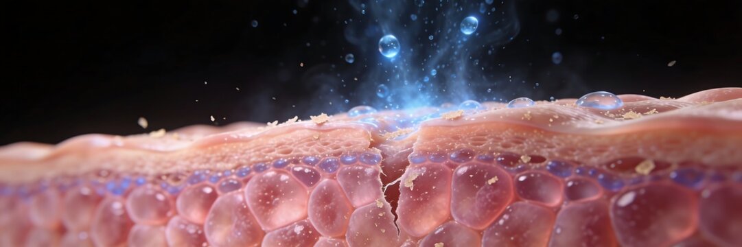 Human skin, black background. Healthy pink skin cells in the deeper layers. Damaged skin barrier with tiny tears in the keratin layer. Visible transepidermal water loss (TEWL).