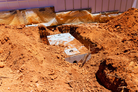 Workers are at construction site where concrete septic tank are buried under dirt in residential area