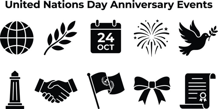 United nations day celebration icons set with peace dove and fireworks
