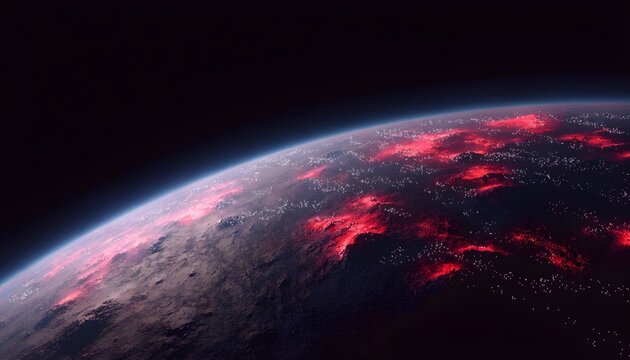 A view of planet earth from space with glowing red light patterns across the dark land masses