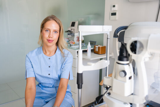 Doctor in a Modern Eye Clinic Sits in Her Office