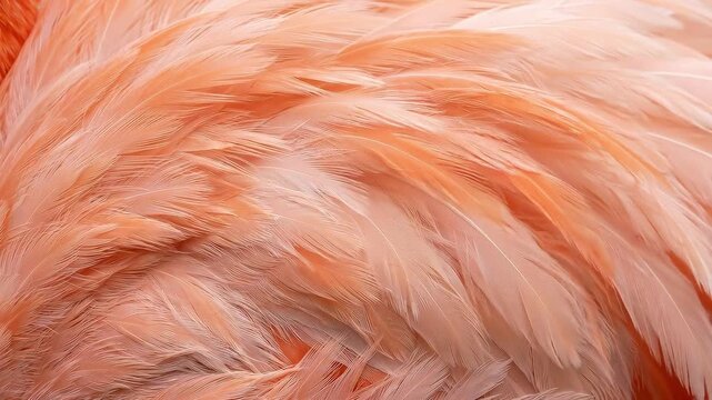 Slow-motion close-up of flamingo feathers ruffling and preening in wetland enclosure; coral-pink plumage, layered texture, subtle sway in soft daylight; calm, natural mood