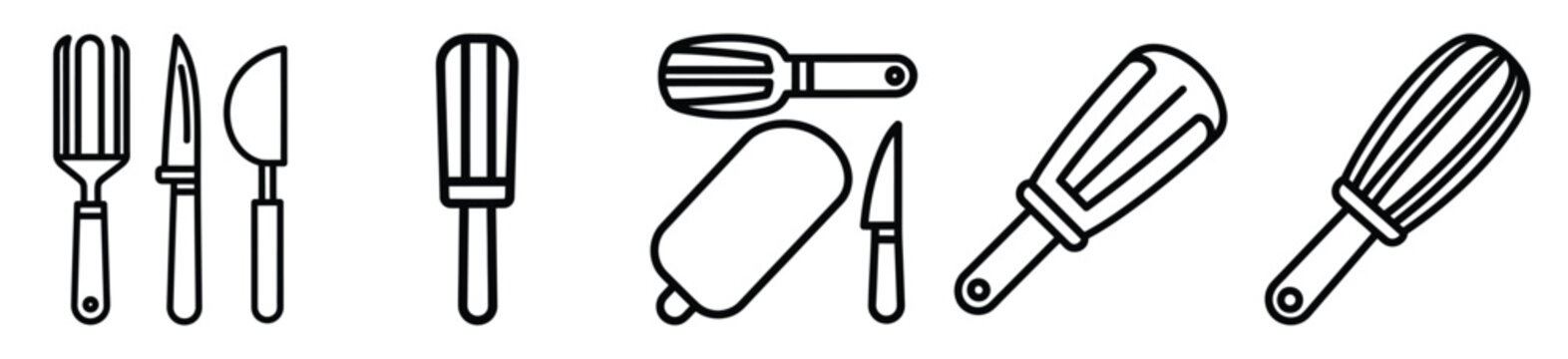 Simple line drawing of bakery baking essentials icon set on a white background