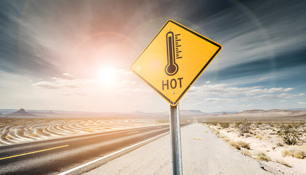 A yellow diamond warning sign with a thermometer icon and text hot on an empty desert road, under a bright scorching sun with heat waves and a dramatic sky background.