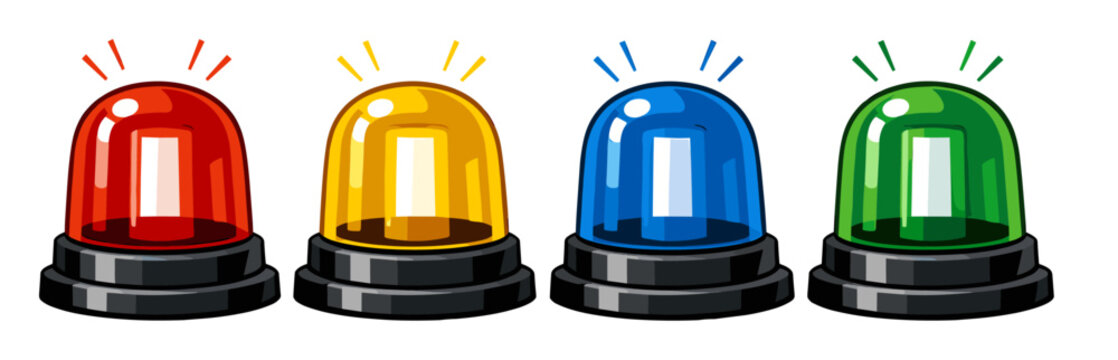 Red, yellow, blue, and green siren flasher lights signal emergency, caution, danger, security, and alert statuses