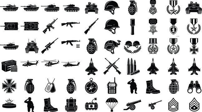 Comprehensive Military and Army Solid Black Icon Set Featuring Tanks Helicopters Fighter Jets Weapons Grenades Helmets Medals and Tactical Combat Equipment Vector