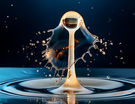 collision of two liquid spheres meeting head on creating a massive splash dome translucent water or oil droplets suspended in mid explosion intricate surface tension patterns