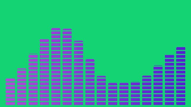A graph with purple and blue bars on a green background, showcasing a data visualization with a mix of short and tall bars, arranged in a horizontal layout.