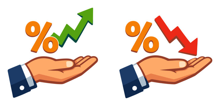 Hands displaying percentage symbols with up- and down-arrows, showing how rising or falling interest rates affect finance and the economy