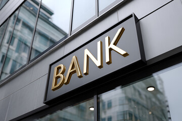 Fototapeta premium Modern bank building exterior with gold lettering on a corporate glass facade
