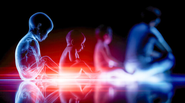 Futuristic medical visualization of human life stages from fetus to adult with glowing anatomy silhouettes and light trails on a dark background