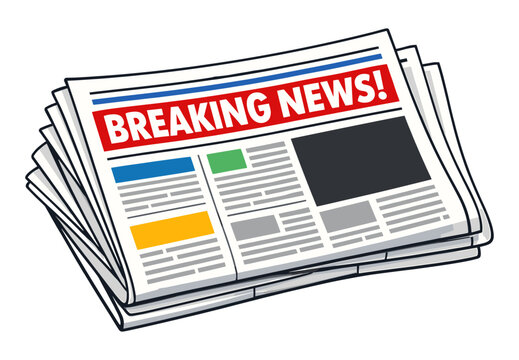 Newspapers stacked display a breaking-news headline, symbolizing urgent information, current events, communication, and journalism