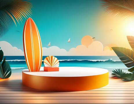 summer sale beach podium banner tropical ocean background with sun and surfboards seasonal retail promotion with product display stage isolated with white background