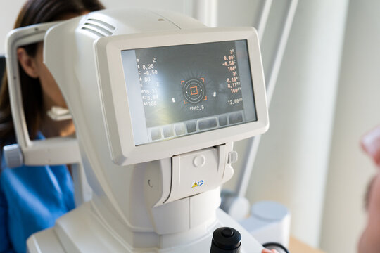 Eye Exam Machine in Use During a Routine Check at a Clinic