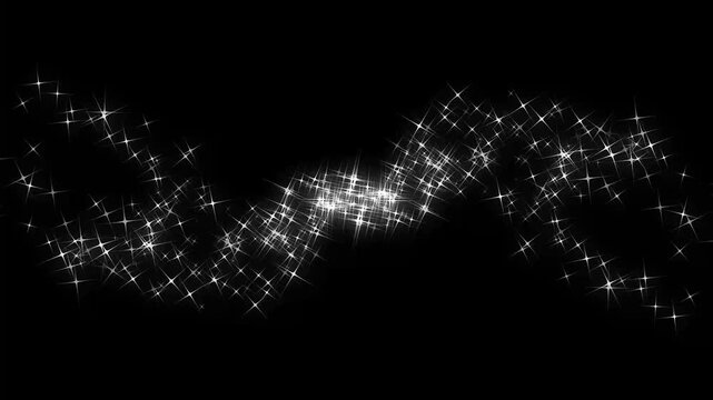 Sparkling star dust ribbon animation with glowing white particles and dreamy fairy magic effects creating a luxury transition overlay on chroma key black screen background 4k.